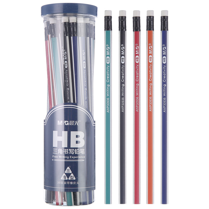 晨光(M&G)文具HB三角杆学生铅笔 多功能彩色抽条木杆铅笔 美术绘图书写铅笔(带橡皮头) 30支装AWP30936