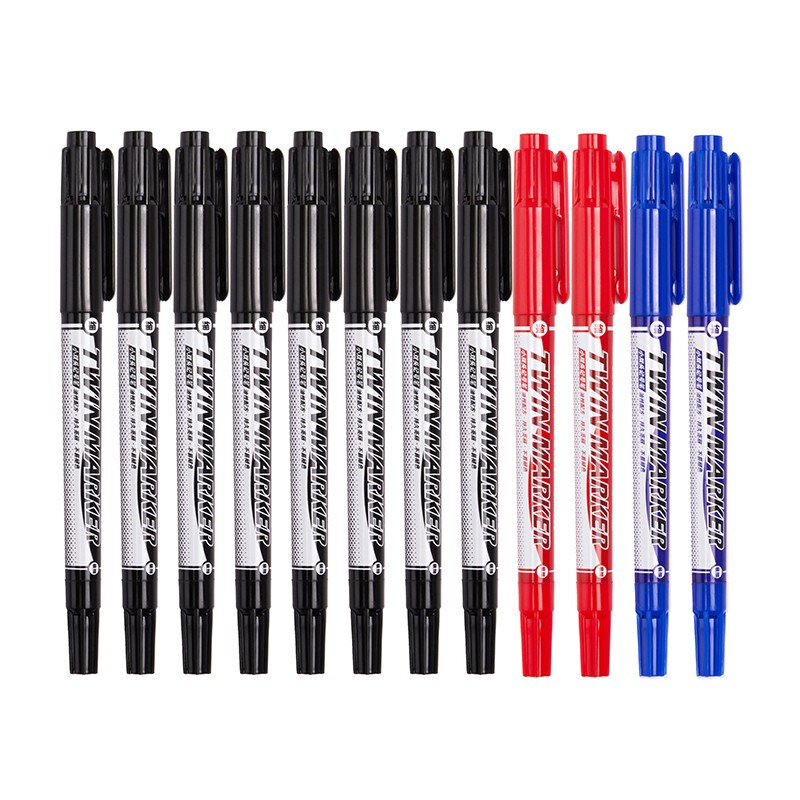 晨光(M&G)文具多色小双头细杆记号笔 重点标记笔(8黑+2蓝+2红) 12支/盒 XPMV7404